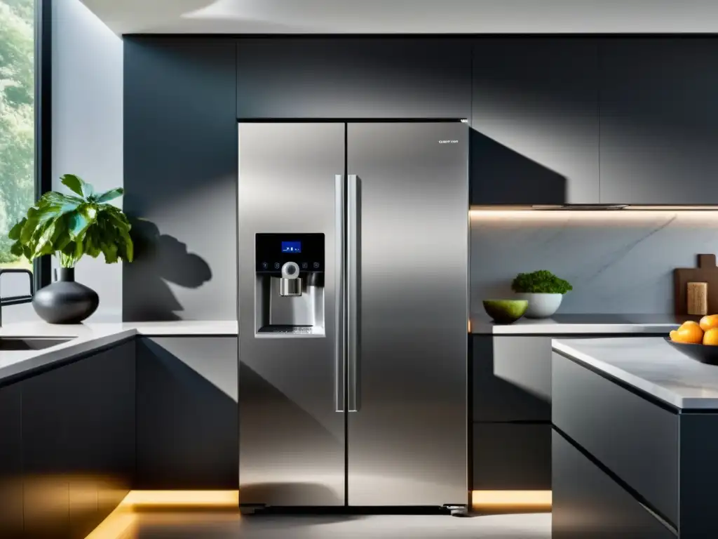 Cocina de alta tecnología con electrodomésticos futuristas y conectados Electrodomésticos con IA para el hogar: Cocina moderna con electrodomésticos futuristas y elegante diseño minimalista