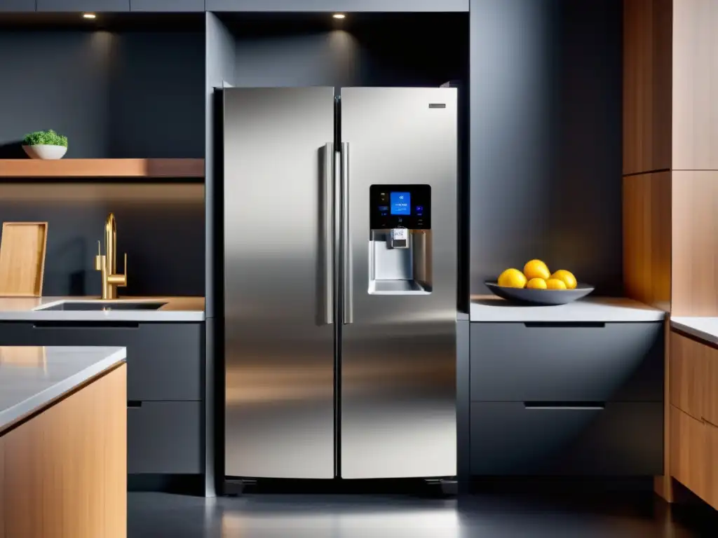 Cocina moderna con nevera inteligente AI para hogares futuristas Electrodomésticos con IA para el hogar: Cocina moderna con refrigerador inteligente de última generación y pantalla táctil futurista