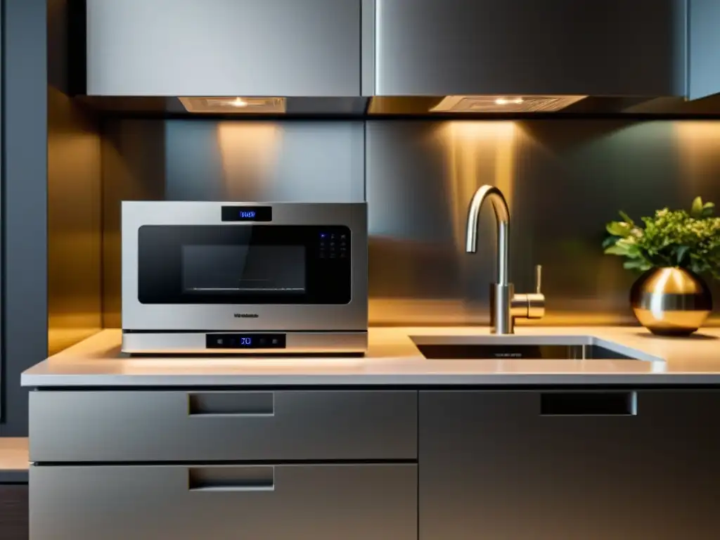 Electrodomésticos compactos para espacios pequeños: Cocina moderna con lavaplatos, nevera y microondas organizados en un elegante mostrador
