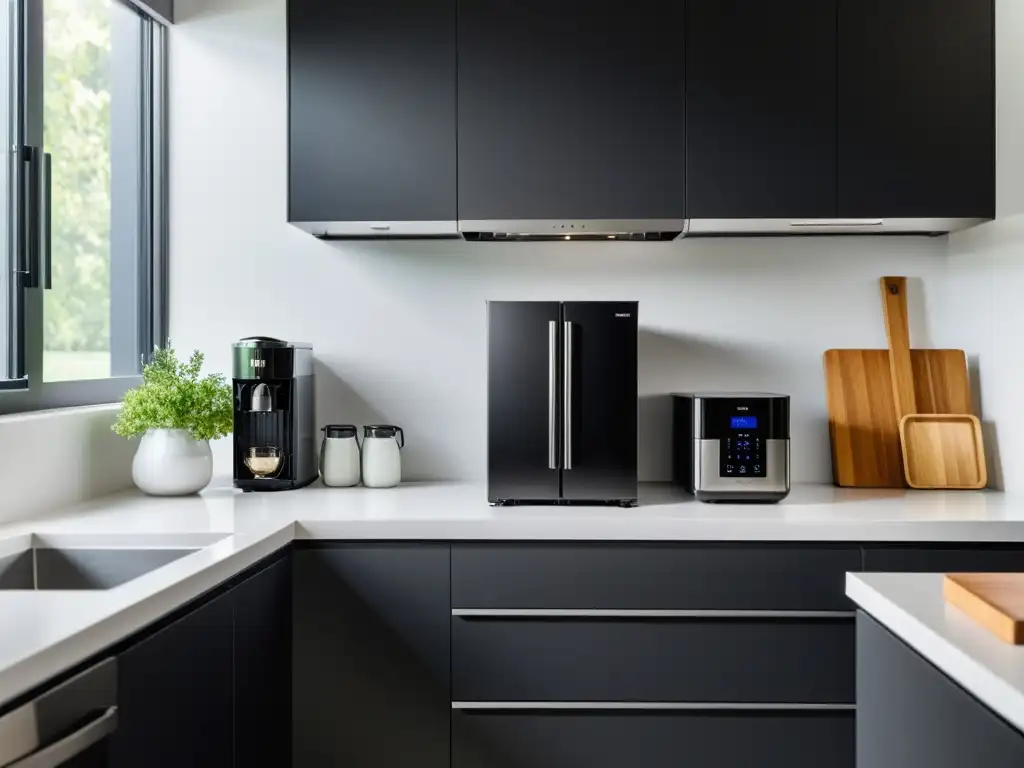 Electrodomésticos compactos para espacios pequeños: cocina moderna con electrodomésticos minimalistas en acabado negro mate y encimera blanca