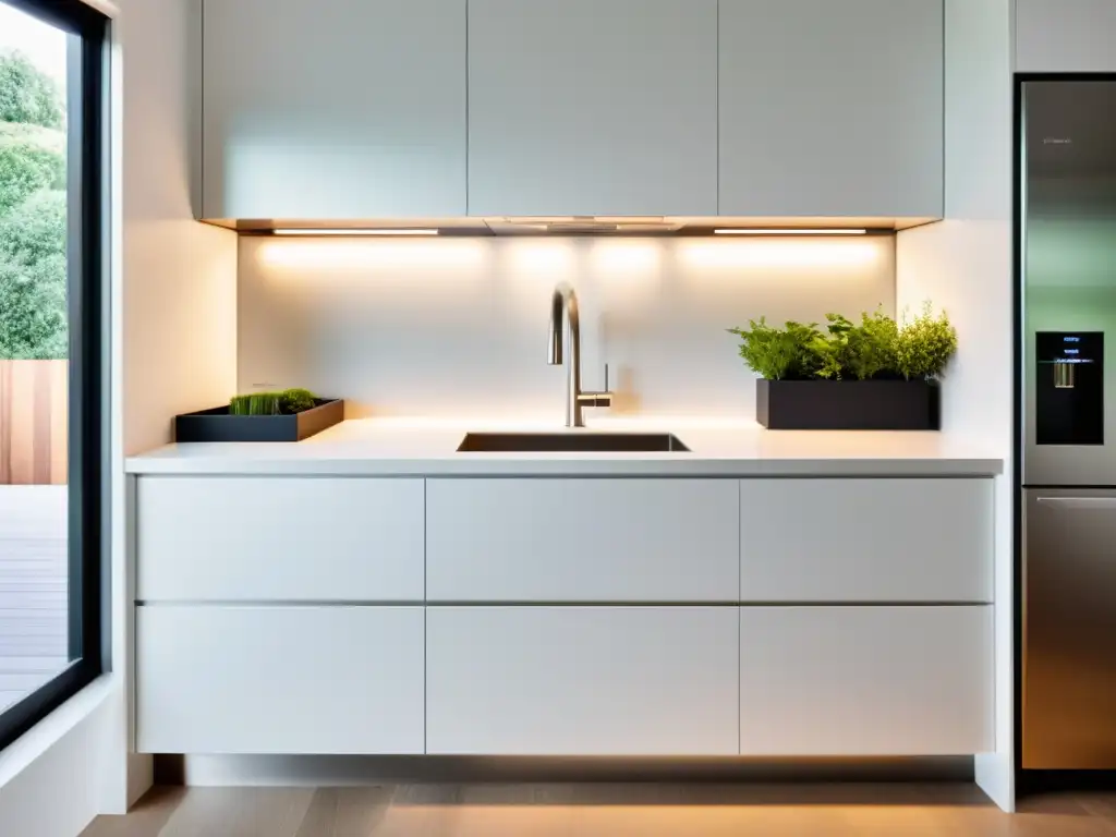 Electrodomésticos compactos para espacios pequeños: Cocina moderna con acabados en acero inoxidable y una estética minimalista y acogedora