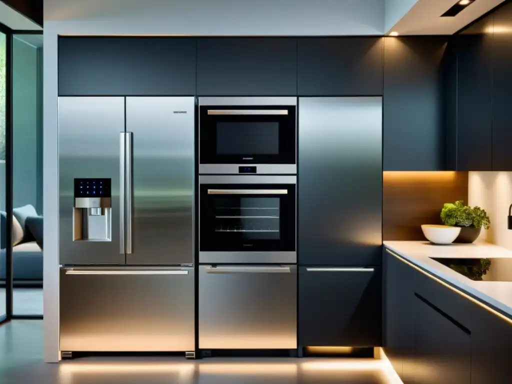 Cocina inteligente con electrodomésticos de alta tecnología Electrodomésticos compatibles con domótica en una cocina moderna y minimalista de alta tecnología, con líneas limpias y luz ambiental