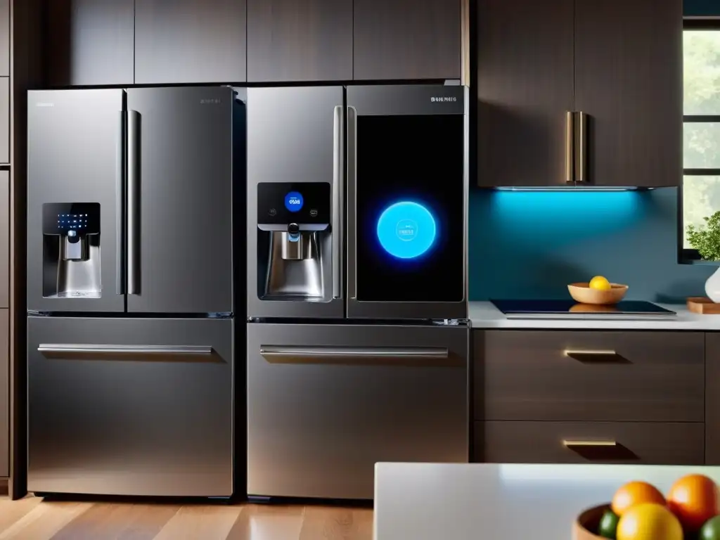 Cocina inteligente con Samsung Bixby: modernidad futurista Electrodomésticos compatibles con Samsung Bixby en cocina moderna y futurista, con pantalla táctil y gadgets inteligentes