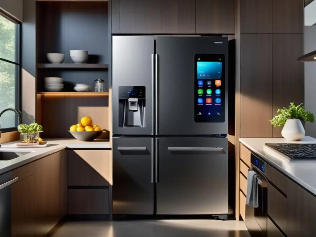 Cocina moderna con electrodomésticos Samsung inteligentes Electrodomésticos compatibles con Samsung Bixby en una cocina moderna y elegante, con refrigerador, horno y lavavajillas conectados de forma inteligente