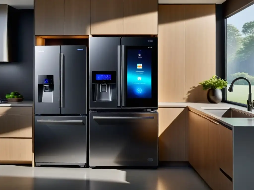 Cocina inteligente Samsung con tecnología Bixby Electrodomésticos compatibles con Samsung Bixby en una cocina moderna y sofisticada