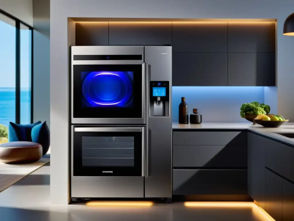 Electrodomésticos Samsung Bixby: Cocina futurista y funcional Electrodomésticos compatibles con Samsung Bixby en cocina moderna y futurista con iluminación ambiental