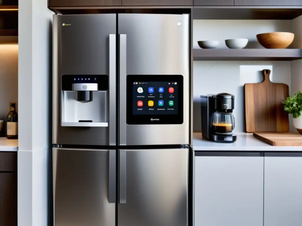 Cocina inteligente: tecnología y comodidad en un ambiente contemporáneo Electrodomésticos compatibles con Google Assistant en cocina moderna: refrigerador inteligente, horno, cafetera y lavavajillas, integrados sin fisuras