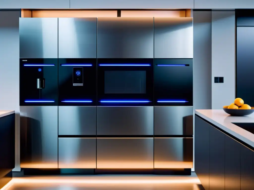 Cocina moderna con electrodomésticos inteligentes integrados Electrodomésticos compatibles con domótica en cocina moderna de diseño sofisticado y minimalista
