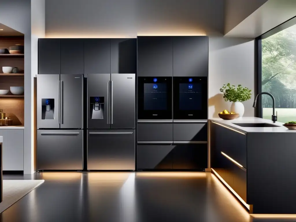 Cocina futurista de acero inoxidable con electrodomésticos Samsung Bixby Electrodomésticos compatibles con Samsung Bixby integrados en cocina moderna de alto rendimiento