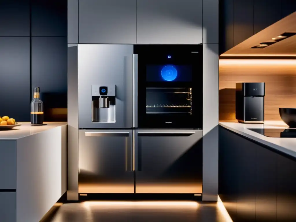 Cocina inteligente y futurista con electrodomésticos integrados Electrodomésticos conectados en una cocina inteligente de diseño moderno y minimalista, con iluminación suave y futurista