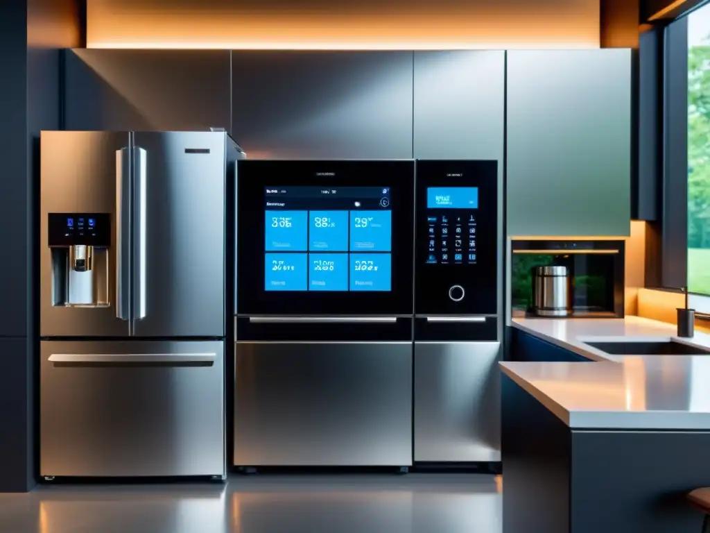 Cocina inteligente con electrodomésticos de acero inoxidable Electrodomésticos conectados cocina inteligente: Cocina moderna con electrodomésticos de acero inoxidable y sistema domótico futurista
