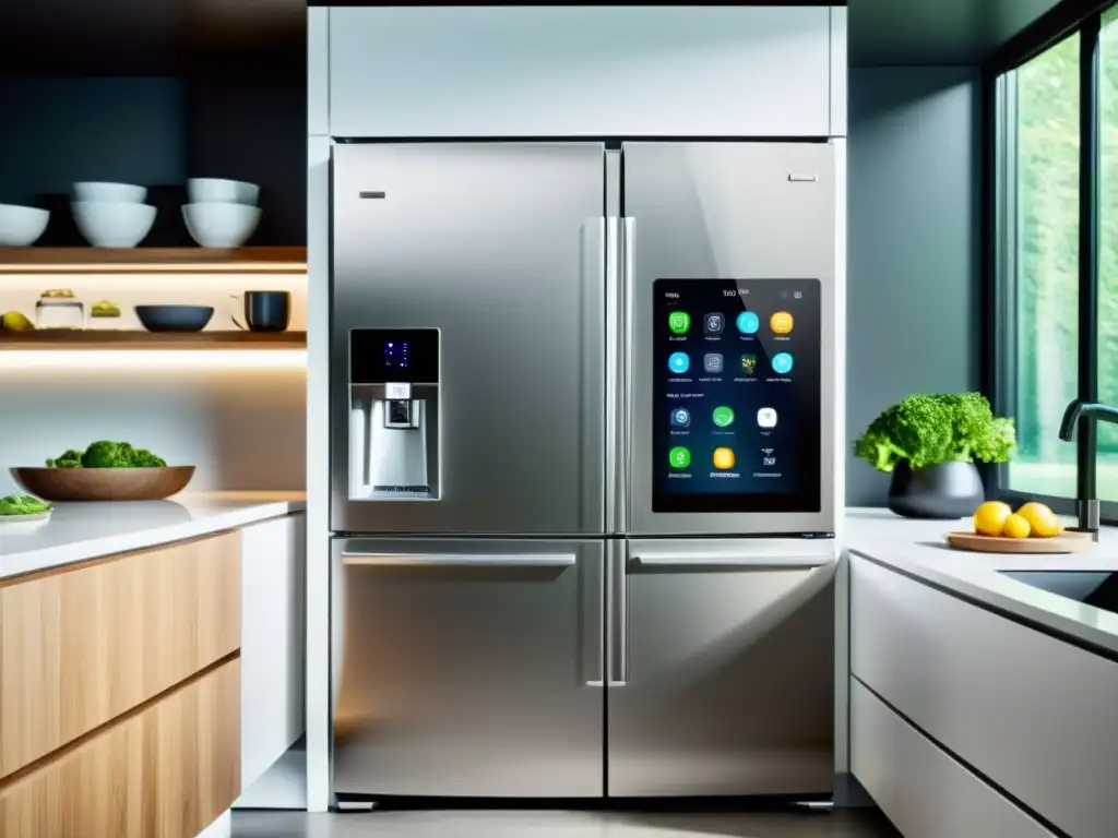 Electrodomésticos conectados para ahorrar energía en una cocina moderna y futurista con pantalla táctil y datos de ahorro de energía