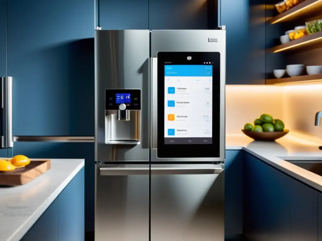 Cocina futurista con electrodomésticos inteligentes y conectados Electrodomésticos conectados para hogar inteligente: cocina moderna con electrodomésticos de acero inoxidable y tecnología inteligente