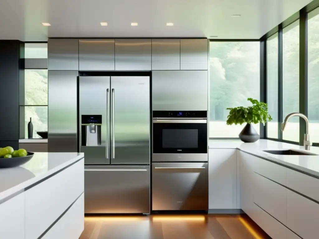 Cocina moderna con electrodomésticos inteligentes y diseño minimalista Electrodomésticos conectados al smartphone en una cocina moderna y elegante con iluminación natural