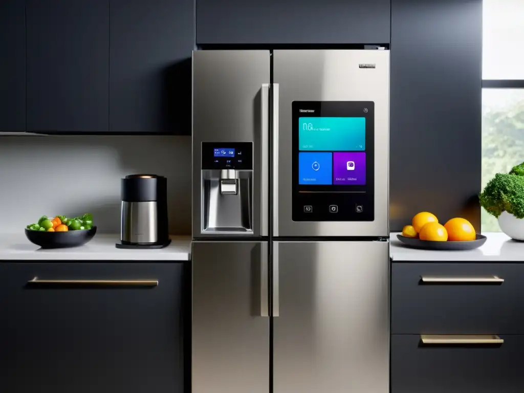 Cocina inteligente: Controla tus electrodomésticos desde tu smartphone Electrodomésticos conectados smartphone: Cocina moderna con electrodomésticos inteligentes de acero inoxidable y app de control remoto
