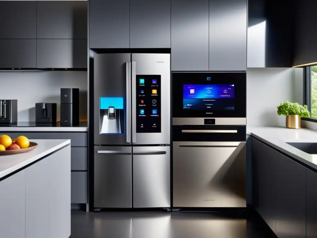 Cocina futurista: Electrodomésticos inteligentes conectados Electrodomésticos conectados smartphone: Cocina moderna con aparatos inteligentes y estética futurista, iluminada con luz natural