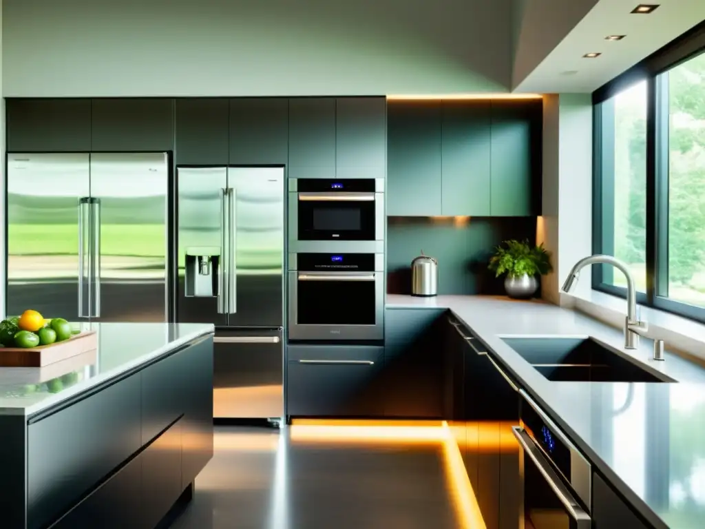 Cocina moderna con electrodomésticos eficientes y diseño minimalista Electrodomésticos multifunción para reducir consumo: Cocina moderna con electrodomésticos de acero inoxidable en un elegante mostrador de granito
