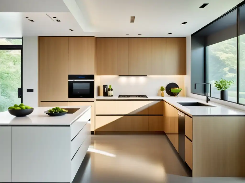 Cocina moderna con electrodomésticos eficientes y elegantes Electrodomésticos multifunción para reducir consumo en una cocina moderna y eficiente, con diseño minimalista y mucha luz natural
