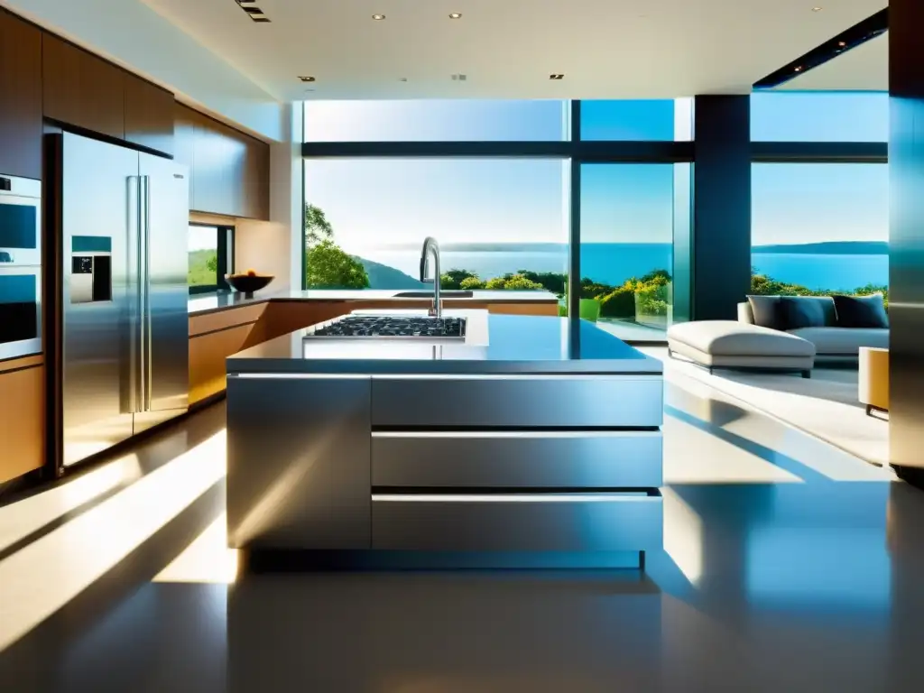 Cocina moderna con electrodomésticos eficientes Electrodomésticos multifunción para reducir consumo en una cocina moderna con diseño futurista y eficiente