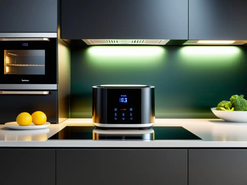 Cocina moderna con electrodomésticos multifuncionales integrados Electrodomésticos multifunción para reducir consumo en cocina moderna de líneas limpias y cálida iluminación