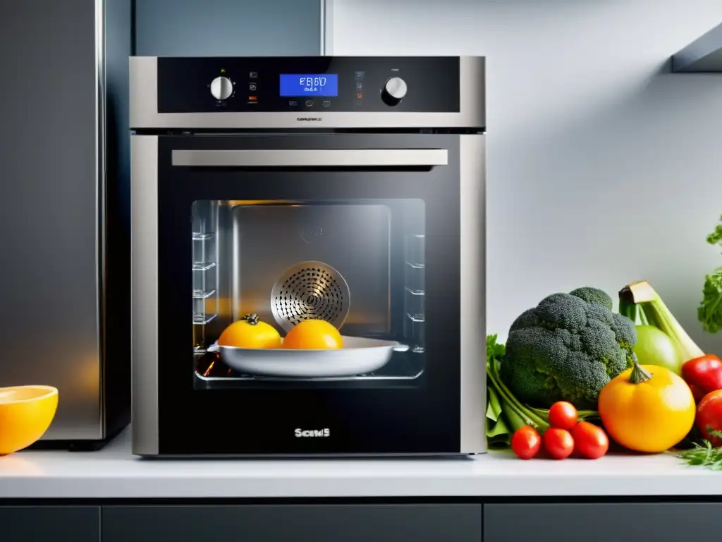 Electrodoméstico de cocina multifuncional: eficiencia y versatilidad Electrodomésticos multifunción para reducir consumo: Cocina moderna y eficiente con pantalla LED y acabado en acero inoxidable, rodeada de alimentos frescos y vibrantes