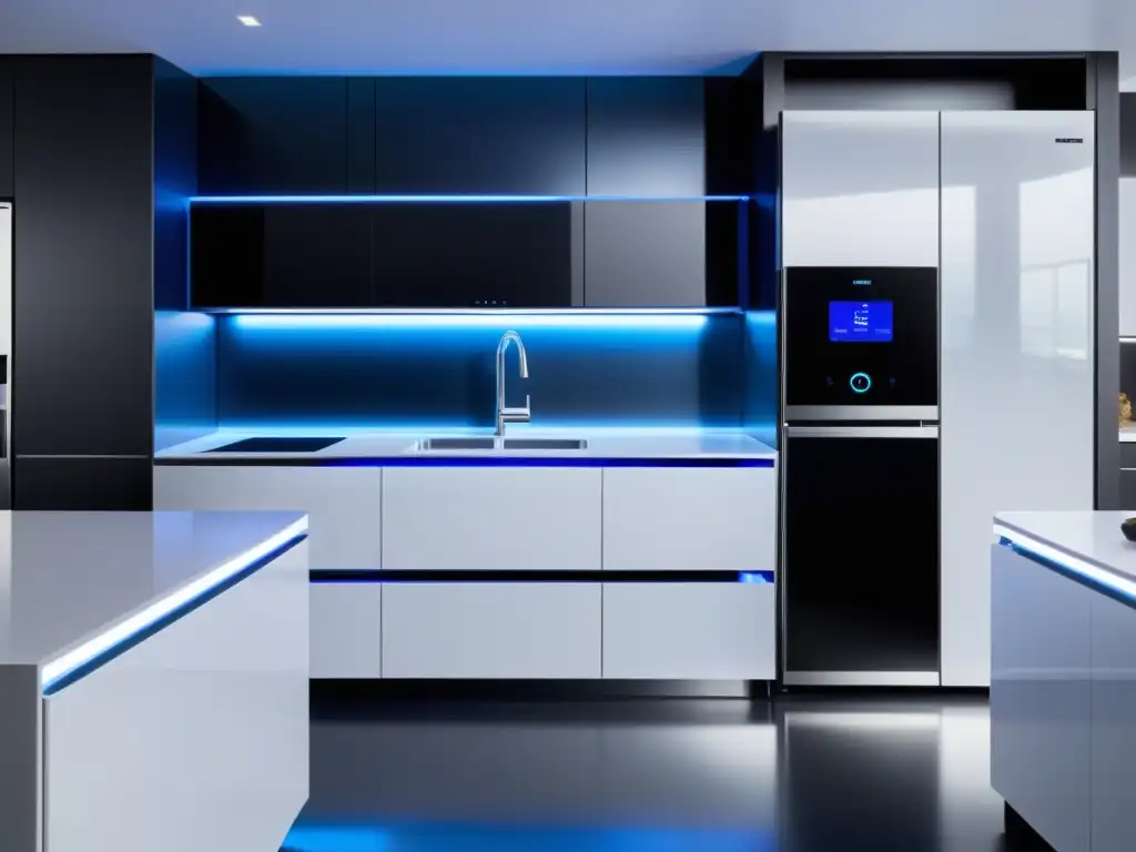 Cocina futurista de acero inoxidable y tecnología de vanguardia Electrodomésticos de diseño futurista en una cocina moderna con líneas limpias y acabados de acero inoxidable