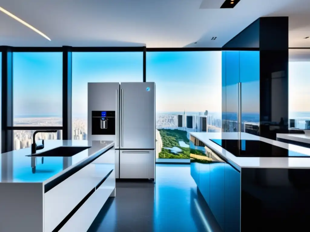 Cocina futurista con electrodomésticos de diseño en blanco y cromo Electrodomésticos de diseño futurista en cocina ultramoderna con ventanales y vista a la ciudad