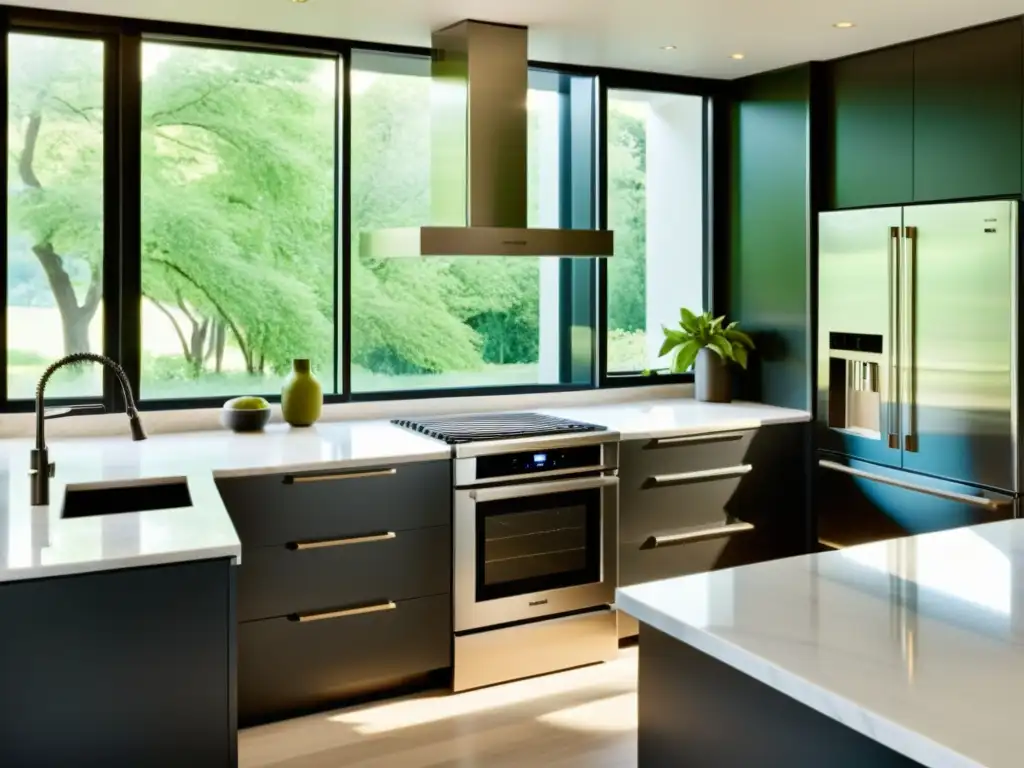 Electrodomésticos duraderos para hogar en una cocina moderna y lujosa con electrodomésticos de acero inoxidable relucientes y de alta calidad
