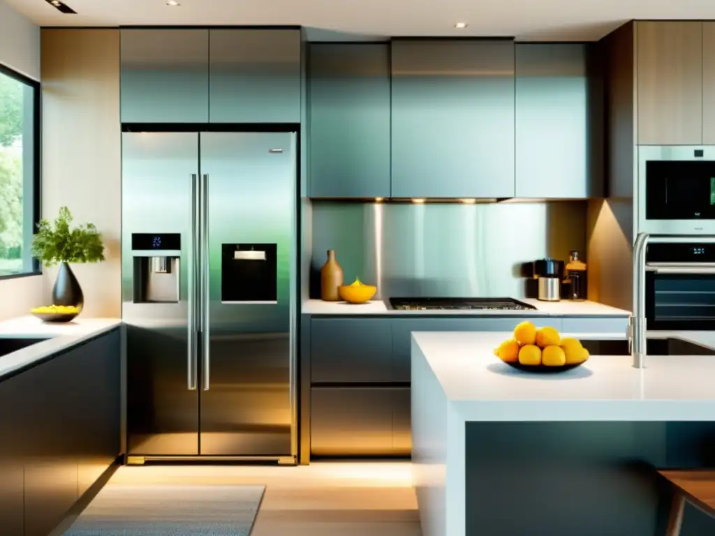Electrodomésticos duraderos para hogar en una cocina moderna, con diseño minimalista y elegante, bañada por luz natural cálida