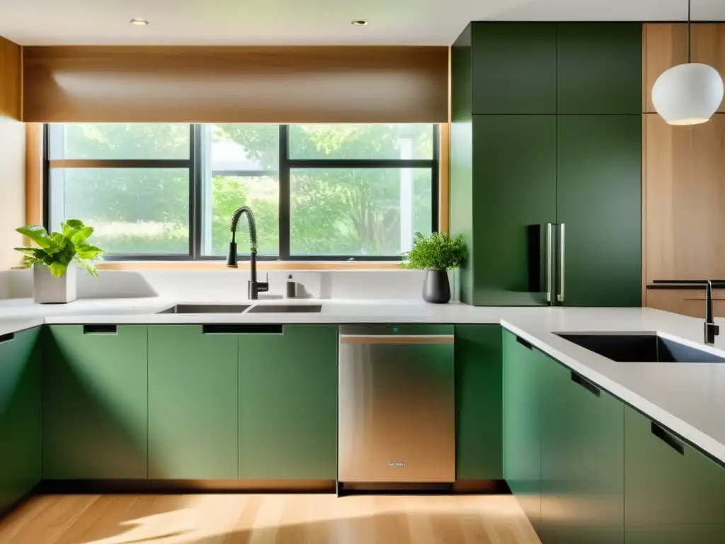 Electrodomésticos ecofriendly para cocina en un ambiente minimalista, elegante y sostenible, con decoraciones verdes y luz natural