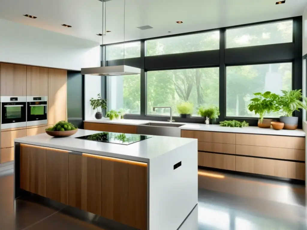 Electrodomésticos ecofriendly para cocina en un ambiente moderno, luminoso y sostenible con materiales reciclados y plantas frescas