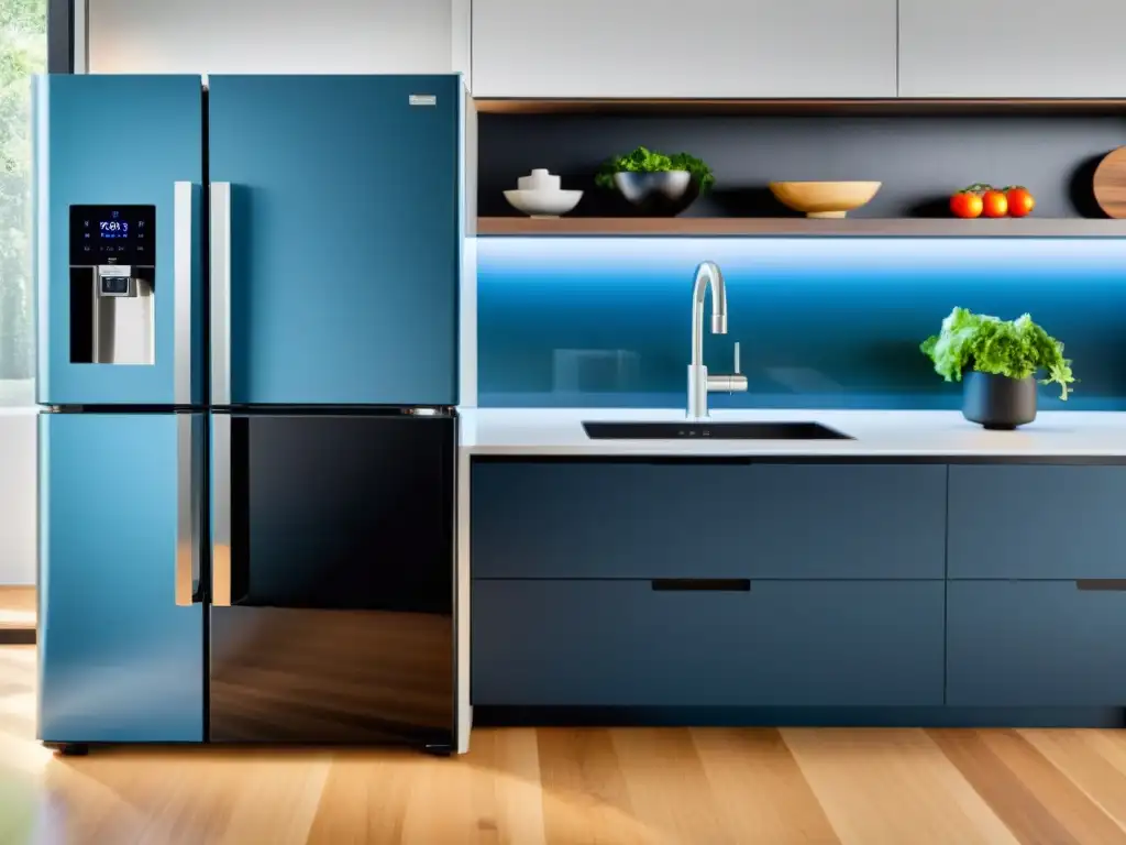 Electrodomésticos ecofriendly para cocina en un ambiente moderno y luminoso con ventana grande y hierbas frescas en la encimera