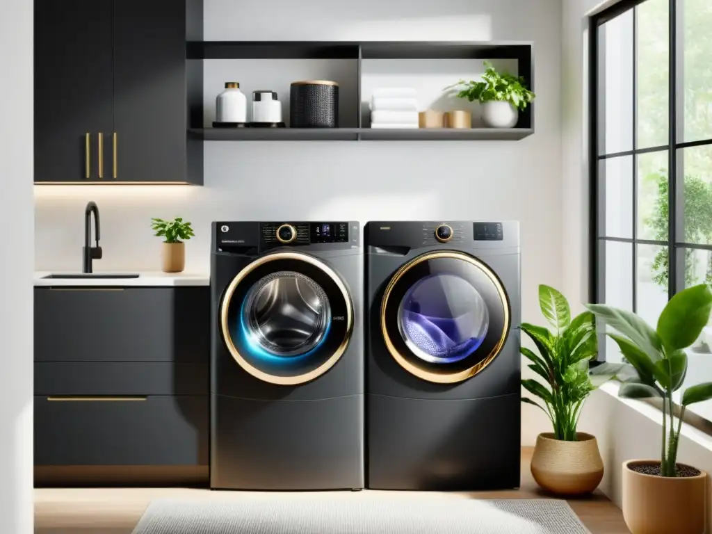 Lavadora y secadora modernas en elegante lavandería minimalista Electrodomésticos ecológicos para el hogar en lavandería minimalista con diseño moderno y eficiente, con vapor y suave zumbido