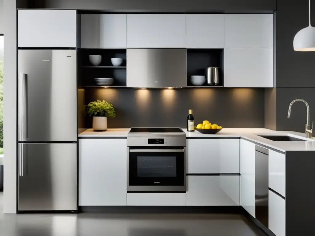 Cocina moderna y compacta con electrodomésticos integrados Electrodomésticos para espacios pequeños: Cocina moderna con electrodomésticos integrados en diseño minimalista y colores sofisticados