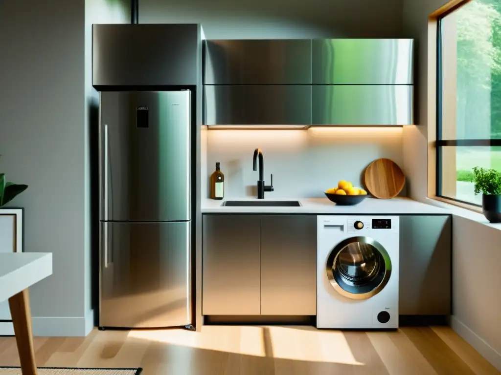 Cocina moderna y compacta: electrodomésticos de acero inoxidable Electrodomésticos para espacios pequeños: Cocina moderna con electrodomésticos integrados en acero inoxidable, estilo minimalista y ambiente acogedor