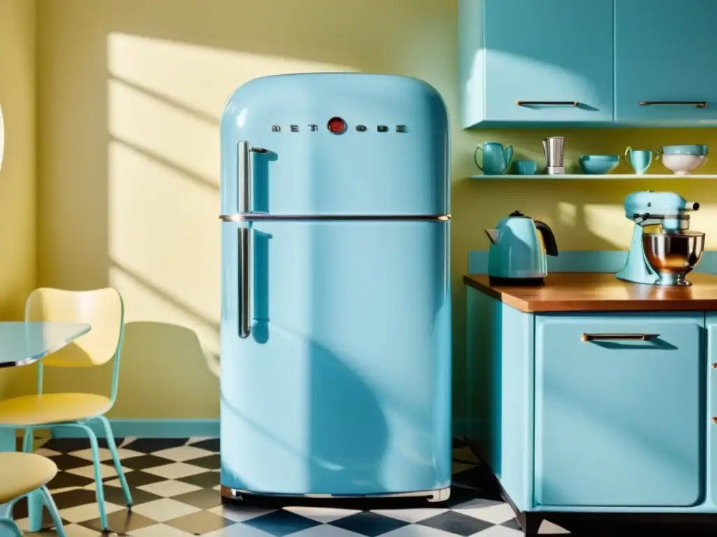 Refrigerador retro pastel en cocina soleada Electrodomésticos estilo retro guía compra: Cocina vintage con nevera azul pastel, electrodomésticos a juego y luz cálida