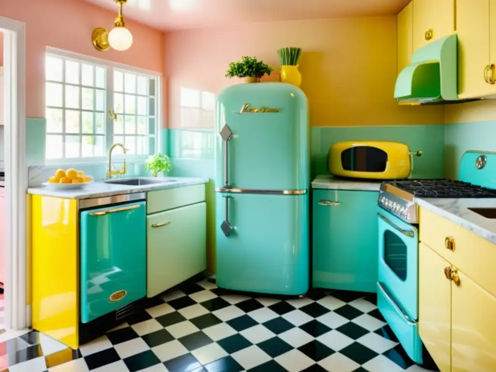 Cocina retro con electrodomésticos pastel y encanto vintage Electrodomésticos estilo retro guía compra: Cocina vibrante con electrodomésticos pastel y detalles cromados, decoración vintage y luz natural cálida