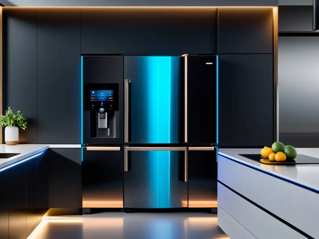 Cocina futurista con electrodomésticos inteligentes y diseño minimalista Electrodomésticos con IA para el hogar en una cocina futurista y minimalista con tecnología avanzada y ambiente moderno