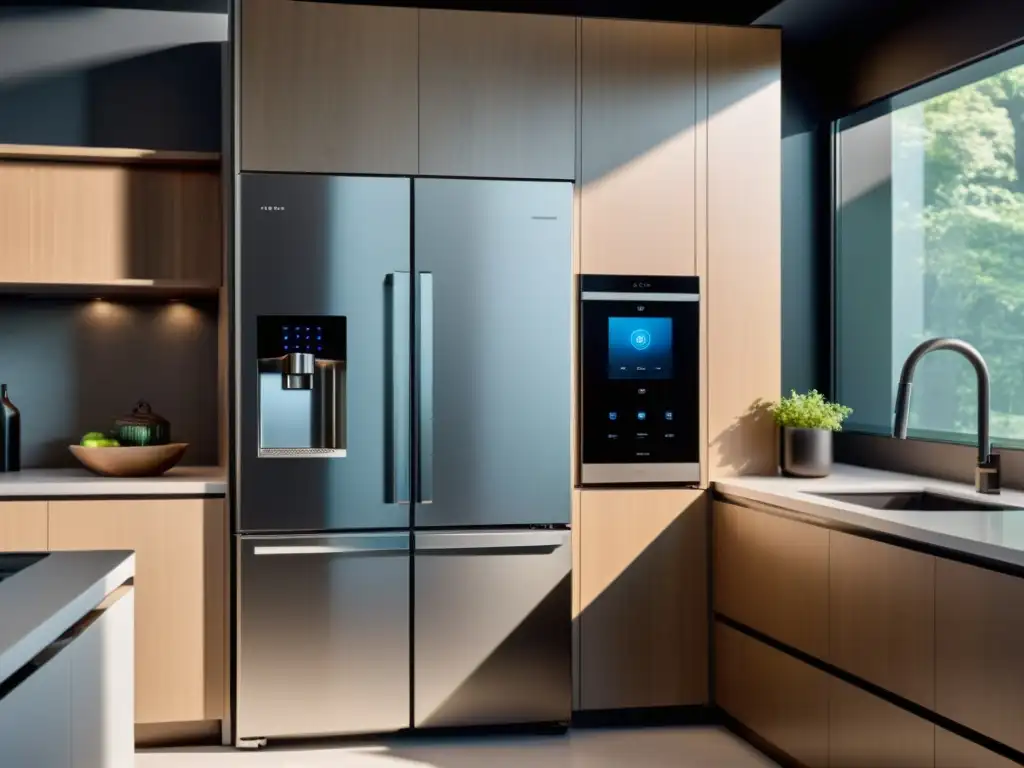 Cocina de diseño moderno con electrodomésticos de IA integrada Electrodomésticos con IA para el hogar en una cocina moderna y elegante, con diseño minimalista y tecnología avanzada