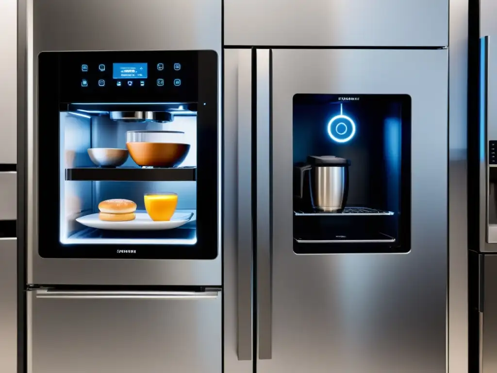Cocina futurista con inteligencia artificial y electrodomésticos avanzados Electrodomésticos con inteligencia artificial crean una cocina futurista y cómoda, con luces ambientales y tecnología de vanguardia