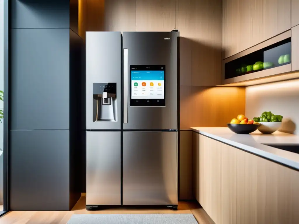 Refrigerador inteligente: eficiencia energética y estilo Electrodomésticos inteligentes ahorro energético: Refrigerador moderno con pantalla digital y tecnología de aprendizaje automático en cocina elegante