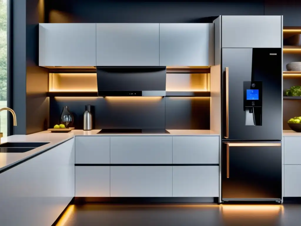 Cocina inteligente y moderna: eficiencia energética y diseño minimalista Electrodomésticos inteligentes ahorro energético: Cocina moderna con tecnología LED, electrodomésticos conectados y diseño minimalista futurista