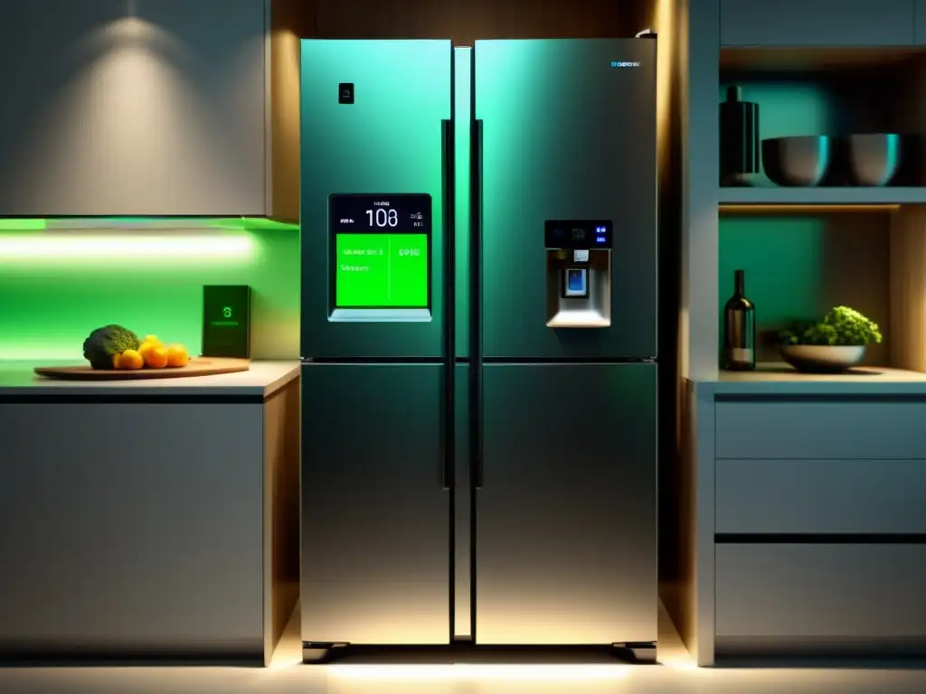 Refrigerador moderno y eficiente: energía inteligente Electrodomésticos inteligentes ahorro energético en una cocina futurista y eficiente con un refrigerador moderno y pantalla digital mostrando estadísticas de consumo de energía y eficiencia energética