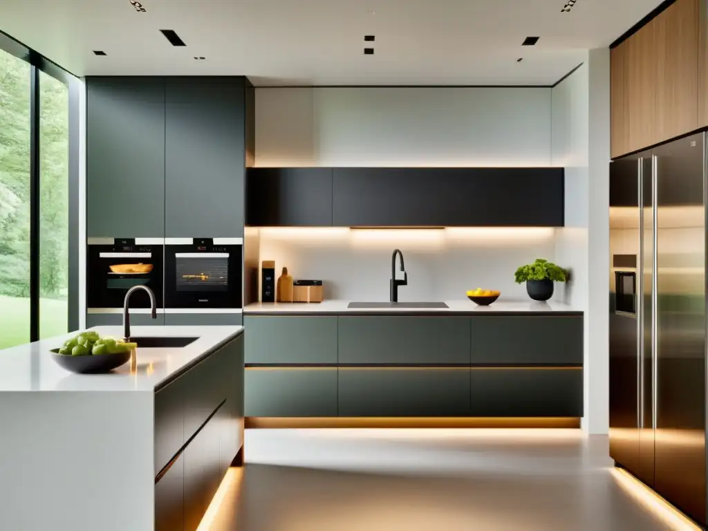 Cocina moderna con electrodomésticos inteligentes integrados Electrodomésticos inteligentes para cocina en un ambiente moderno y acogedor con iluminación natural