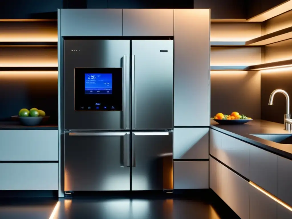 Cocina moderna con electrodomésticos inteligentes Electrodomésticos inteligentes para la cocina en un ambiente futurista y acogedor con iluminación suave