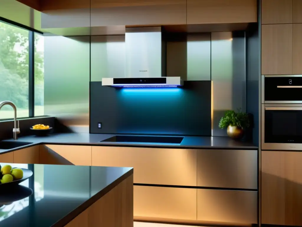 Cocina futurista con electrodomésticos inteligentes de acero inoxidable 'Electrodomésticos inteligentes para cocina en un ambiente futurista con líneas limpias y diseño minimalista, bañado por luz natural