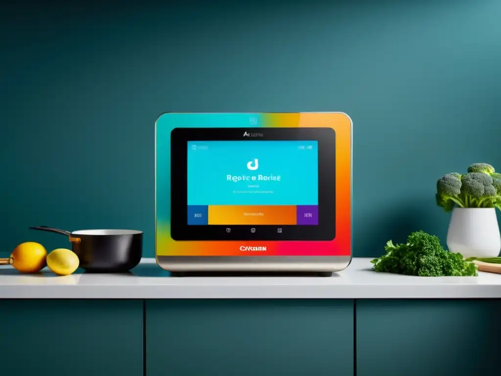 Electrodoméstico inteligente con pantalla táctil y recetas vibrantes Electrodomésticos inteligentes para cocina: una cocina moderna, con pantalla táctil, recetas coloridas y elementos de diseño elegante