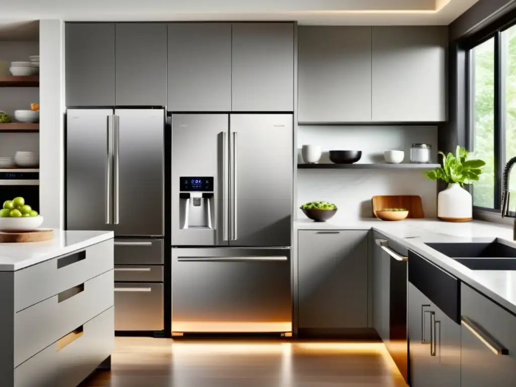 Cocina moderna con electrodomésticos inteligentes de acero inoxidable Electrodomésticos inteligentes para la cocina: Cocina moderna con dispositivos de última generación, iluminación LED suave y diseño minimalista