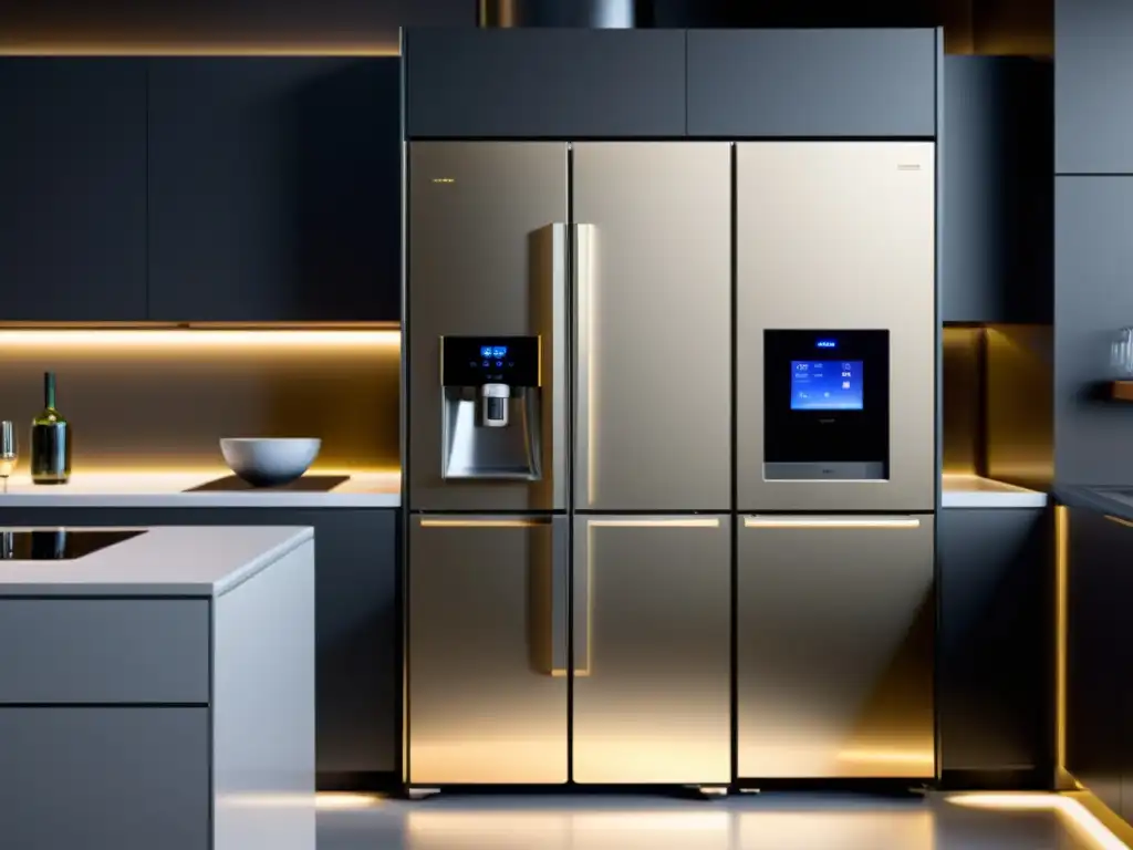 Electrodomésticos inteligentes en una cocina moderna con iluminación ambiental, mostrando eficiencia energética y diseño futurista