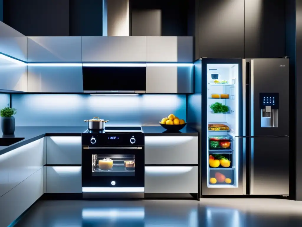 Cocina futurista y eficiente con electrodomésticos inteligentes Electrodomésticos inteligentes para cocinas del futuro: cocina futurista con electrodomésticos integrados y luces inteligentes ajustables